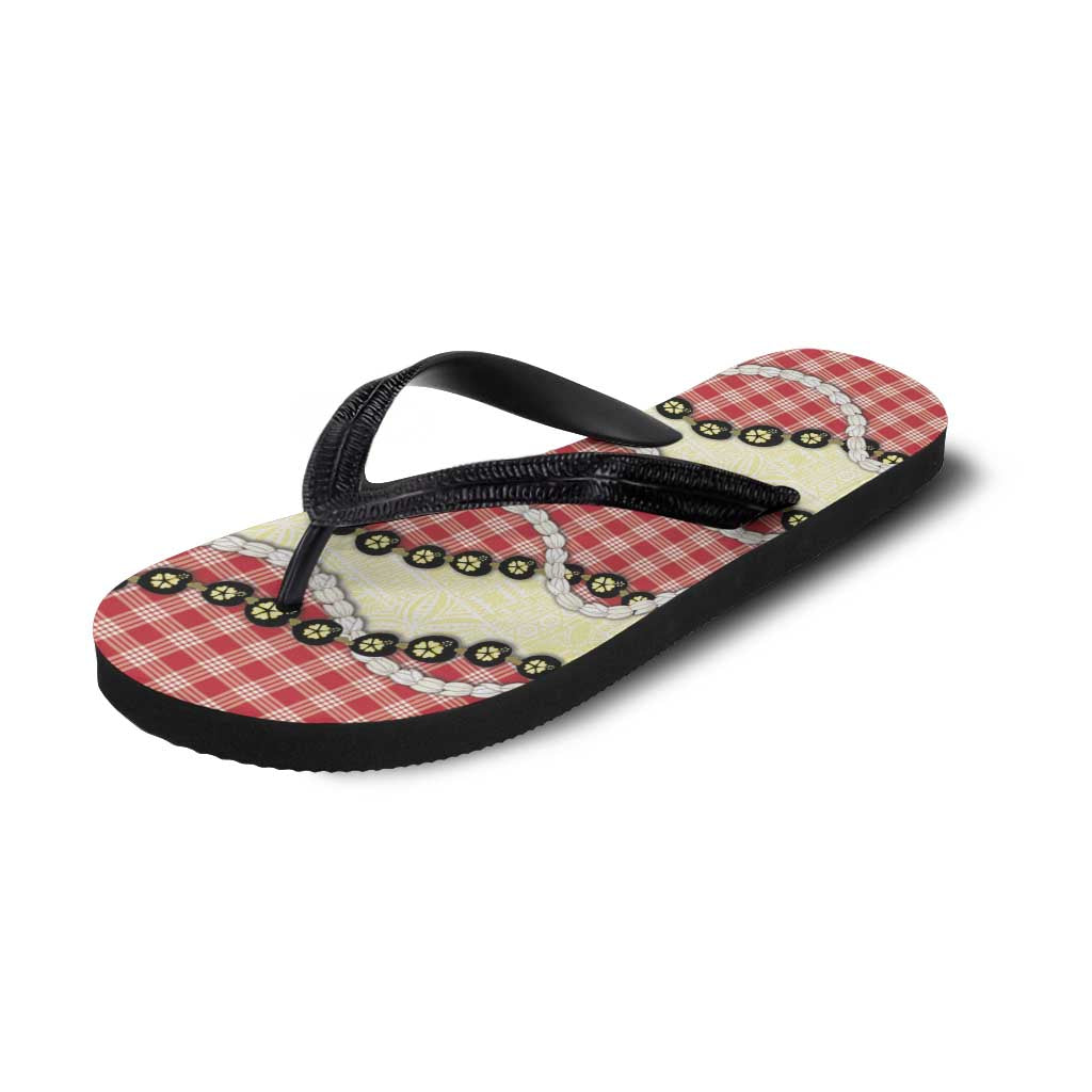 Red Palaka Hawaii Flip Flops Kukui Nut Pikake Lei Hawaiian Tapa Pattern - Polynesian Pride