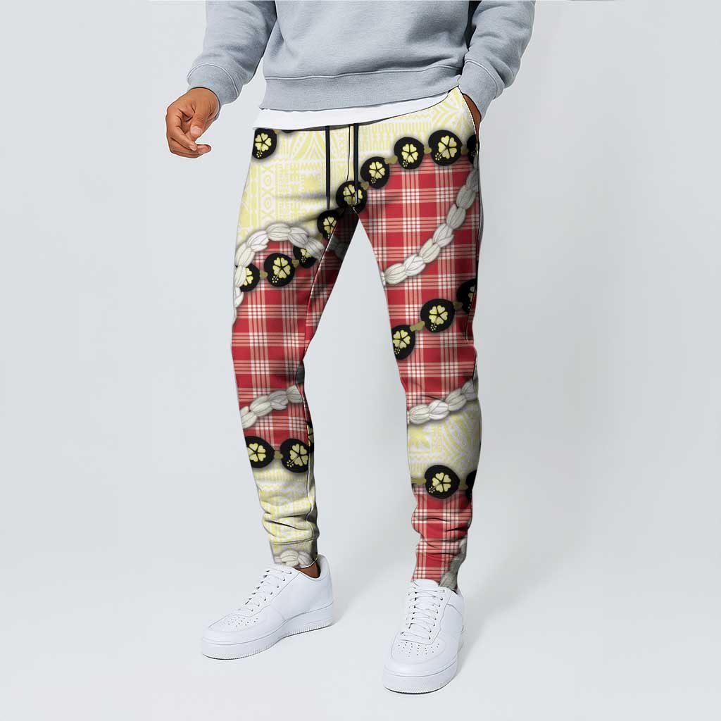 Red Palaka Hawaii Jogger Pants Kukui Nut Pikake Lei Hawaiian Tapa Pattern LT14 - Polynesian Pride