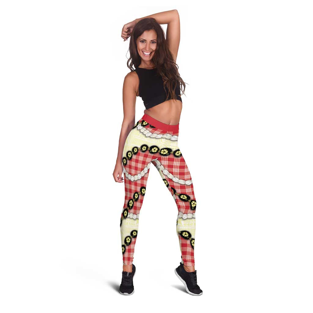 Red Palaka Hawaii Leggings Kukui Nut Pikake Lei Hawaiian Tapa Pattern LT14 - Polynesian Pride