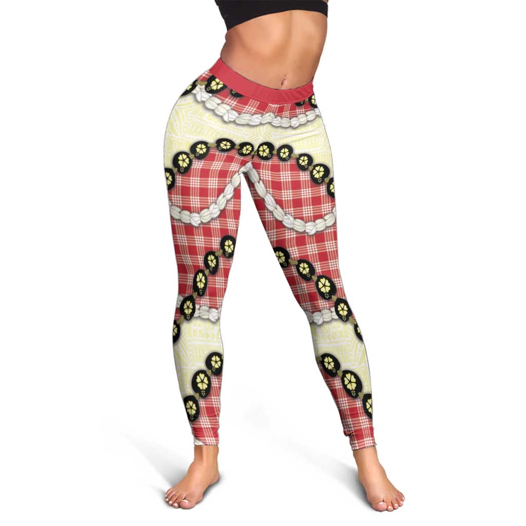 Red Palaka Hawaii Leggings Kukui Nut Pikake Lei Hawaiian Tapa Pattern LT14 - Polynesian Pride