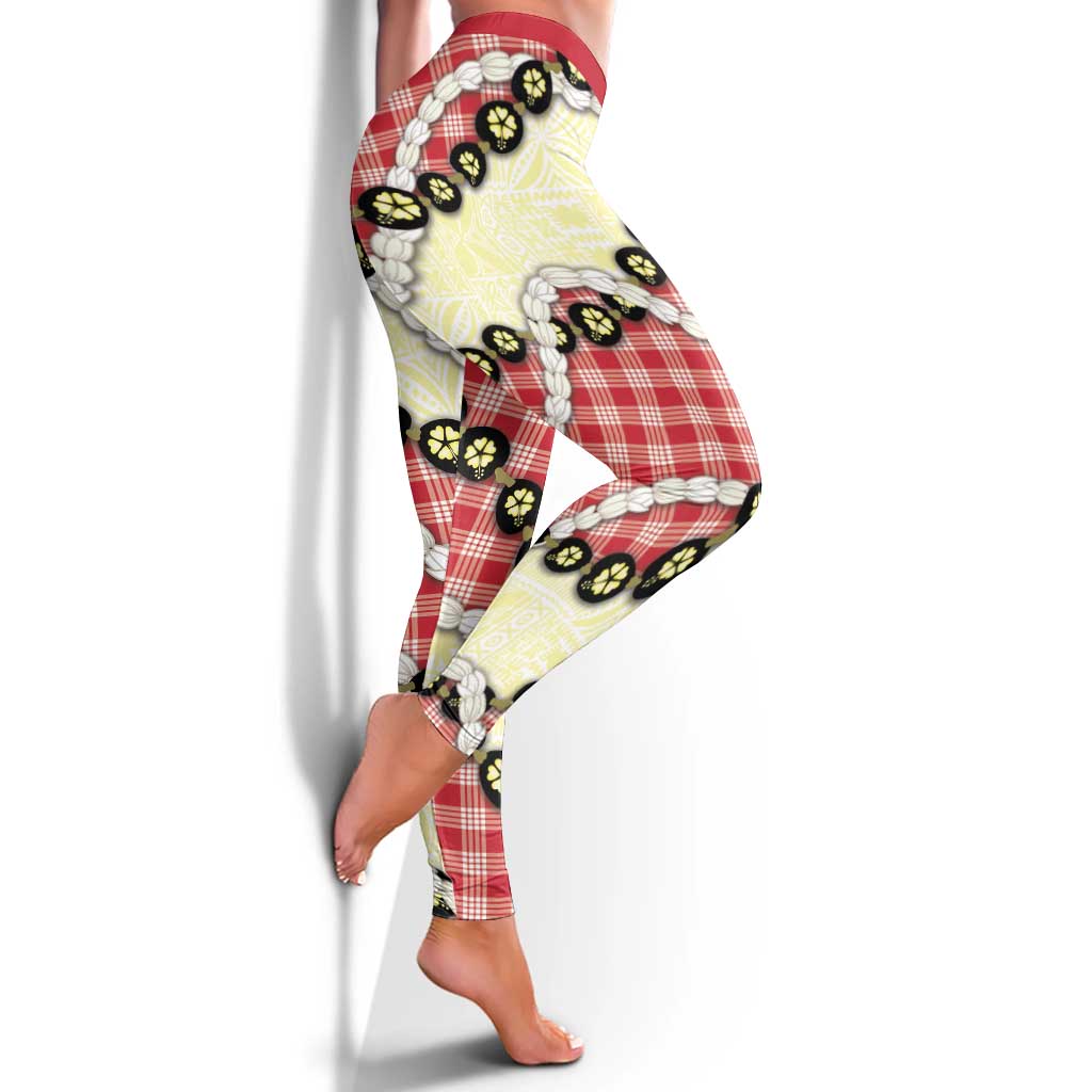 Red Palaka Hawaii Leggings Kukui Nut Pikake Lei Hawaiian Tapa Pattern LT14 - Polynesian Pride