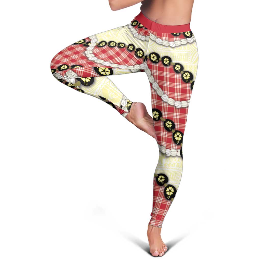 Red Palaka Hawaii Leggings Kukui Nut Pikake Lei Hawaiian Tapa Pattern LT14 - Polynesian Pride