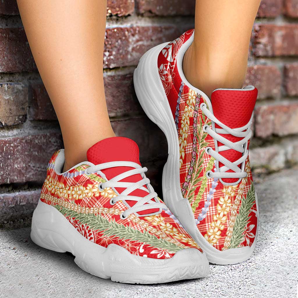 Red Palaka Hawaii Leis Chunky Sneakers Hawaiian-plaid Elegant Tropical Vibes LT14 - Polynesian Pride