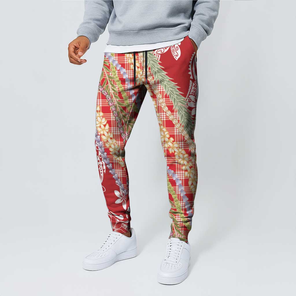Red Palaka Hawaii Leis Jogger Pants Hawaiian-plaid Elegant Tropical Vibes LT14 - Polynesian Pride