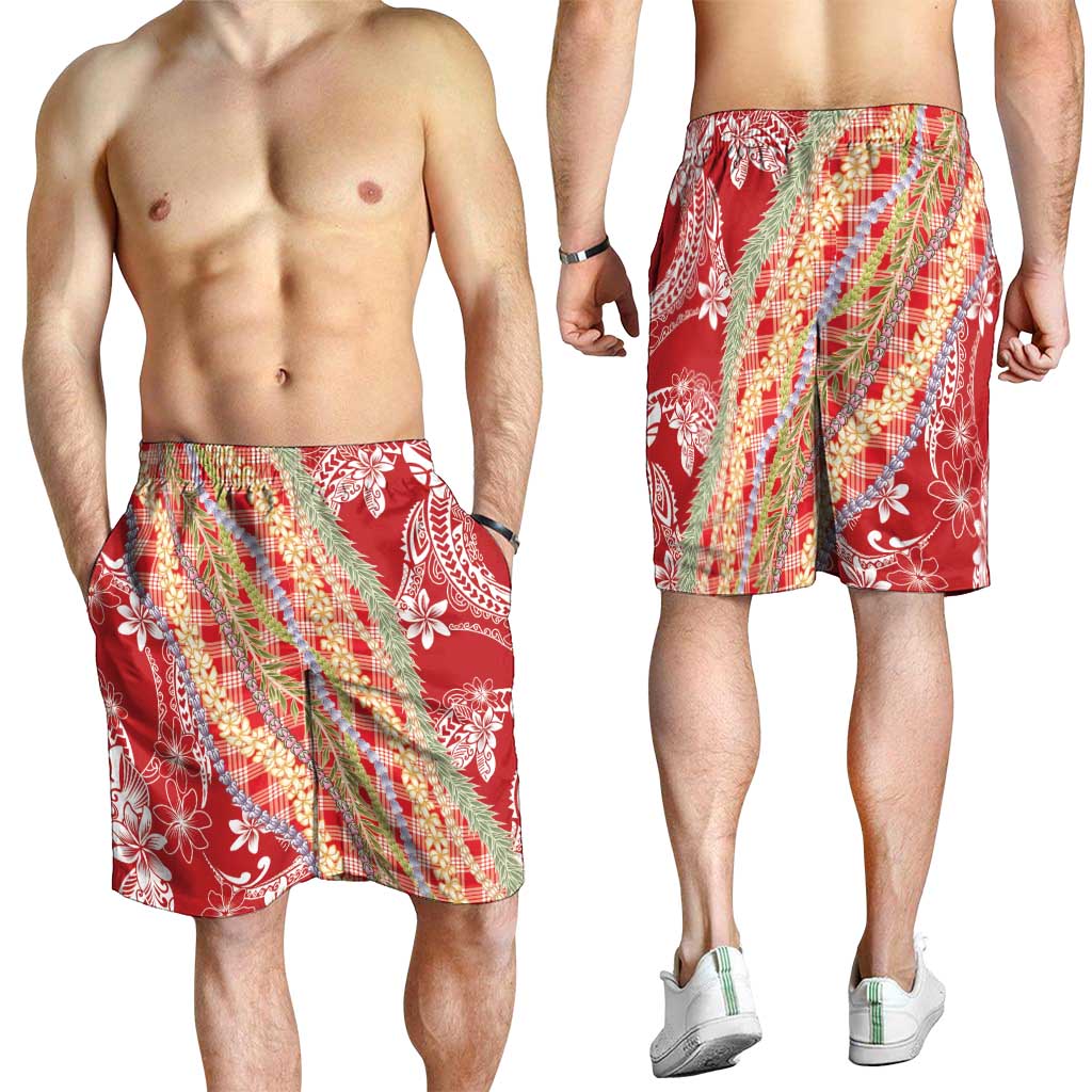 Red Palaka Hawaii Leis Shorts for Men Hawaiian-plaid Elegant Tropical Vibes LT14 - Polynesian Pride