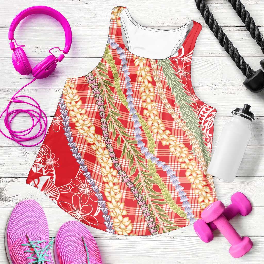 Red Palaka Hawaii Leis Women Racerback Tank Hawaiian-plaid Elegant Tropical Vibes LT14 Red - Polynesian Pride