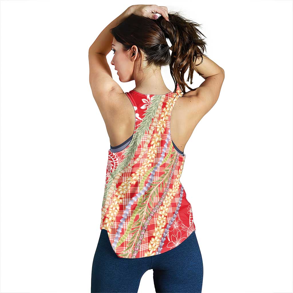Red Palaka Hawaii Leis Women Racerback Tank Hawaiian-plaid Elegant Tropical Vibes LT14 - Polynesian Pride