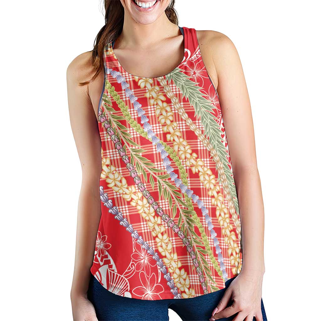 Red Palaka Hawaii Leis Women Racerback Tank Hawaiian-plaid Elegant Tropical Vibes LT14 - Polynesian Pride