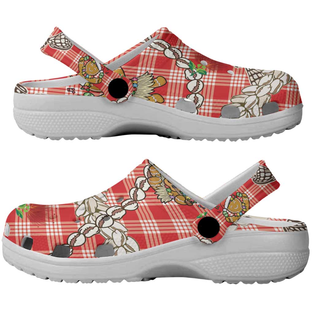 Red Palaka Hawaii Mele Kalikimaka Clogs Shoes Ohia Lehua Shell Leis Funny Gingerbread Santa LT14 - Polynesian Pride