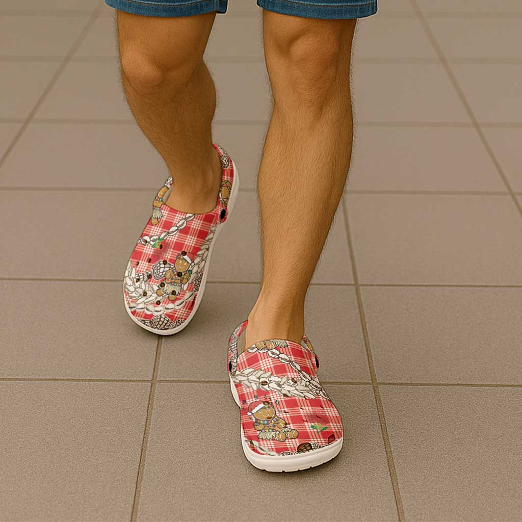 Red Palaka Hawaii Mele Kalikimaka Clogs Shoes Ohia Lehua Shell Leis Funny Gingerbread Santa LT14 - Polynesian Pride
