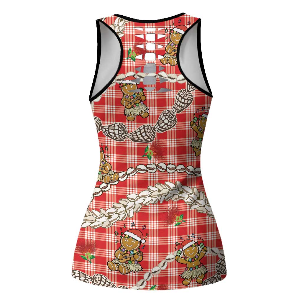 Red Palaka Hawaii Mele Kalikimaka Hollow Tank Top Ohia Lehua Shell Leis Funny Gingerbread Santa LT14 - Polynesian Pride