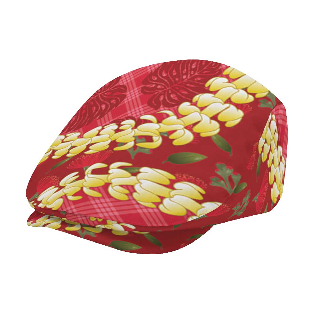 Red Palaka Hawaii Mele Kalikimaka Jeff Hat Ohia Lehua Monstera Puakenikeni Lei - Polynesian Pride