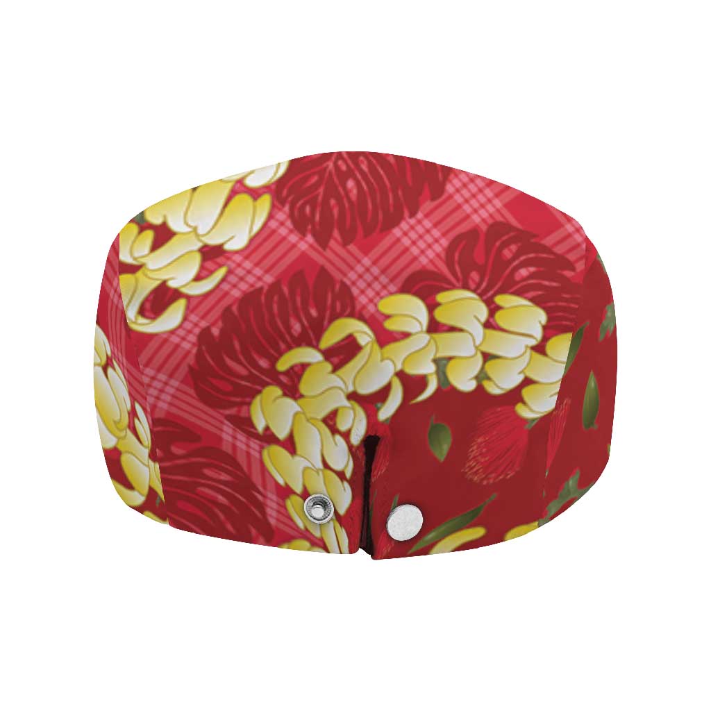 Red Palaka Hawaii Mele Kalikimaka Jeff Hat Ohia Lehua Monstera Puakenikeni Lei - Polynesian Pride