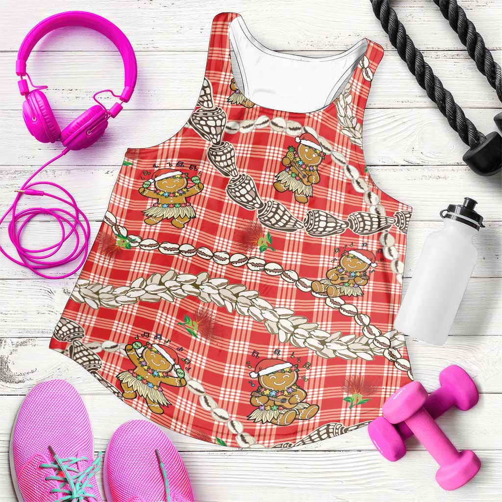 Red Palaka Hawaii Mele Kalikimaka Women Racerback Tank Ohia Lehua Shell Leis Funny Gingerbread Santa LT14 Red - Polynesian Pride
