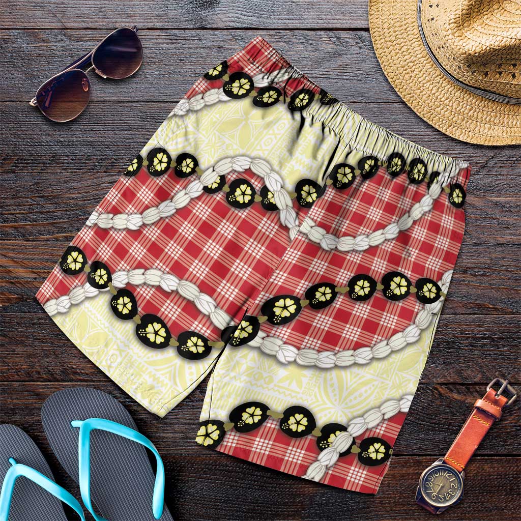 Red Palaka Hawaii Shorts for Men Kukui Nut Pikake Lei Hawaiian Tapa Pattern LT14 Red - Polynesian Pride