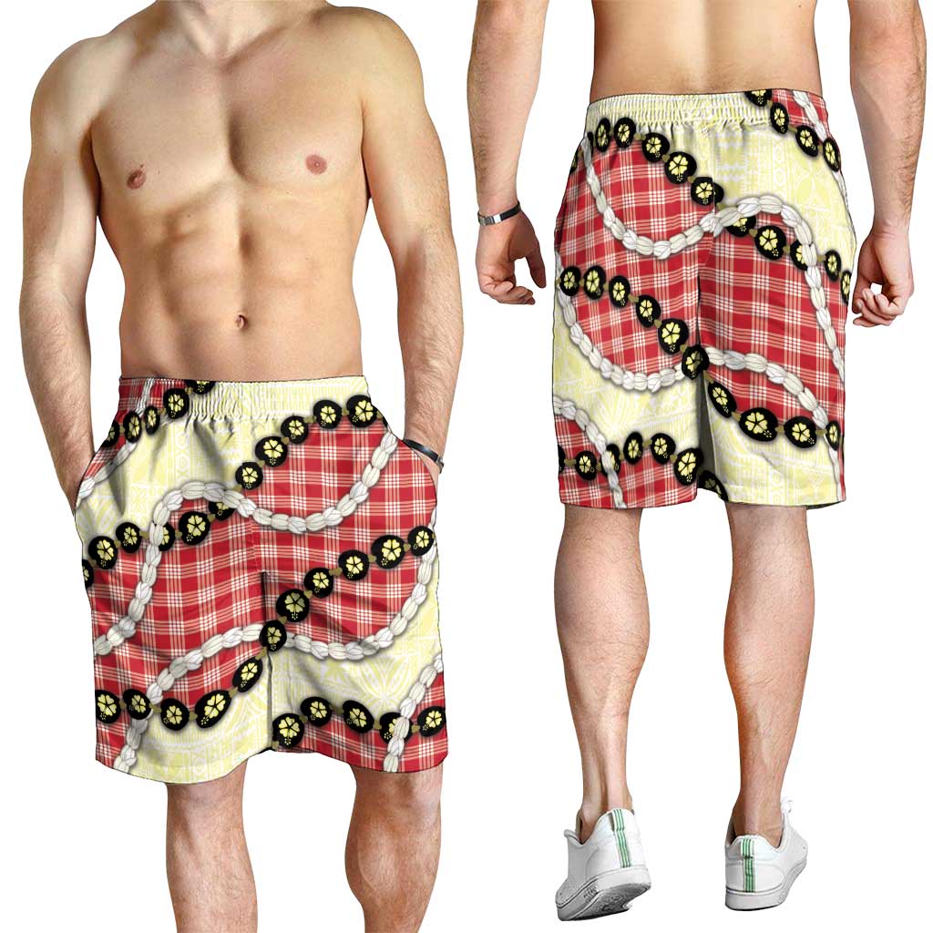 Red Palaka Hawaii Shorts for Men Kukui Nut Pikake Lei Hawaiian Tapa Pattern LT14 - Polynesian Pride