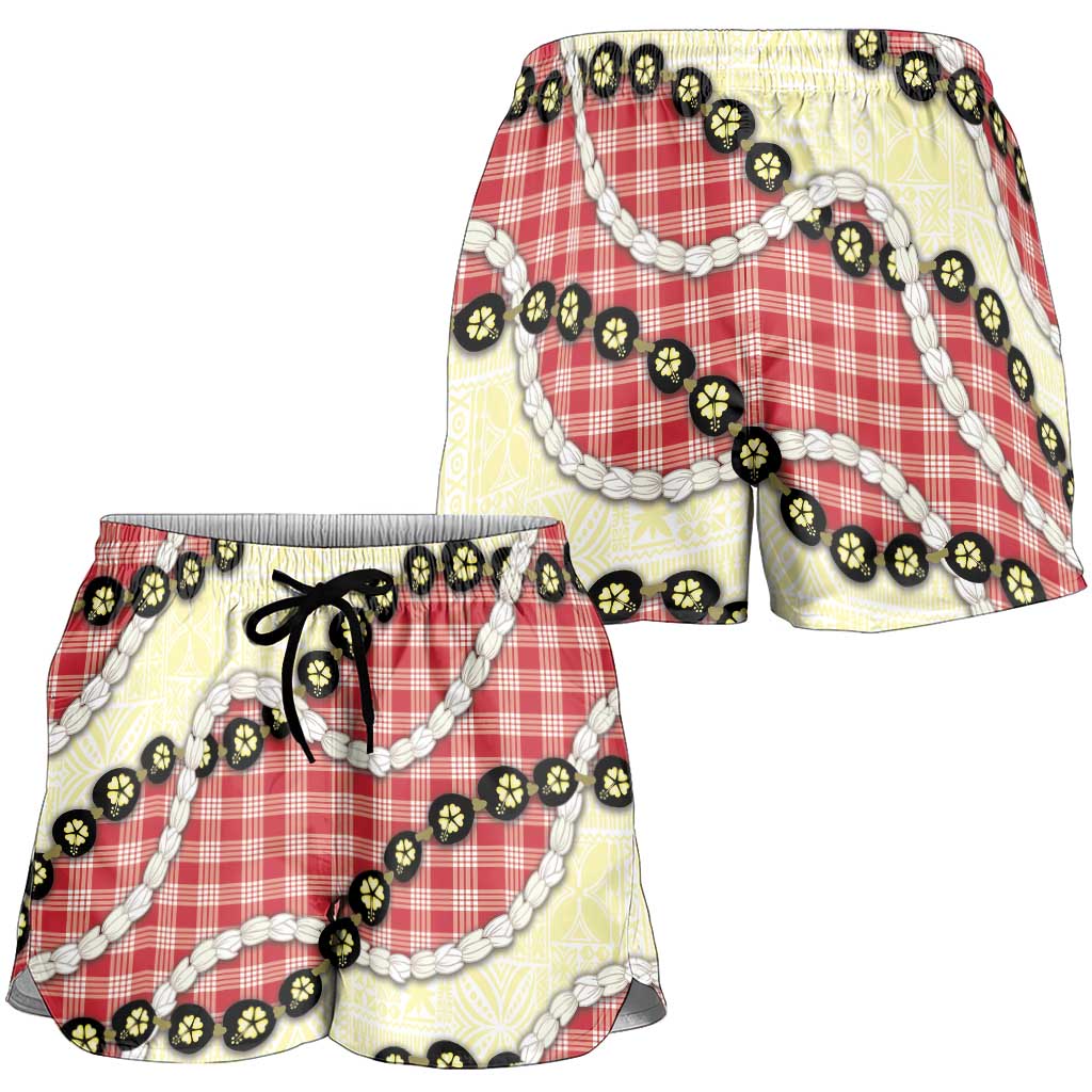 Red Palaka Hawaii Shorts for Women Kukui Nut Pikake Lei Hawaiian Tapa Pattern LT14 - Polynesian Pride