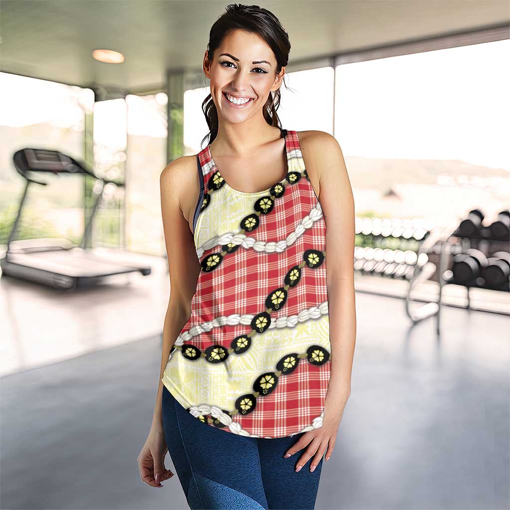 Red Palaka Hawaii Women Racerback Tank Kukui Nut Pikake Lei Hawaiian Tapa Pattern LT14 - Polynesian Pride