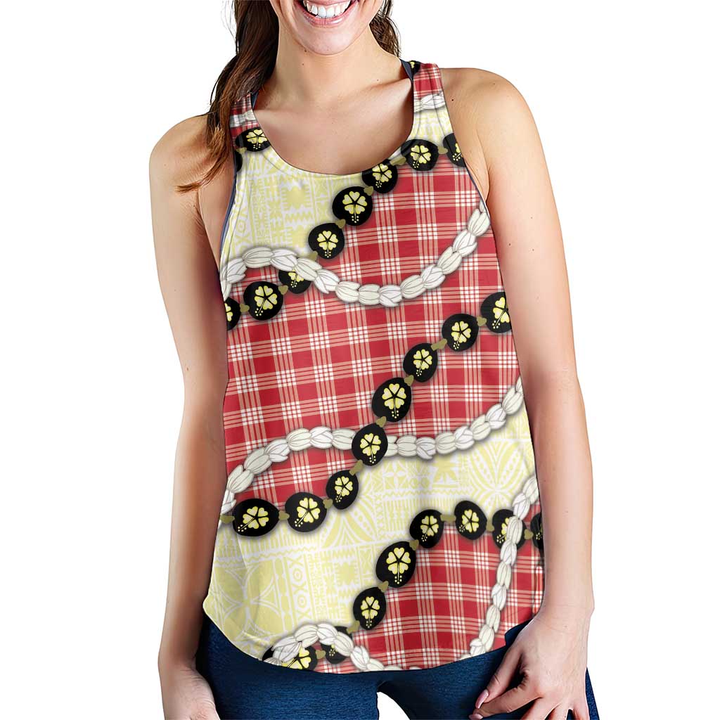 Red Palaka Hawaii Women Racerback Tank Kukui Nut Pikake Lei Hawaiian Tapa Pattern LT14 - Polynesian Pride