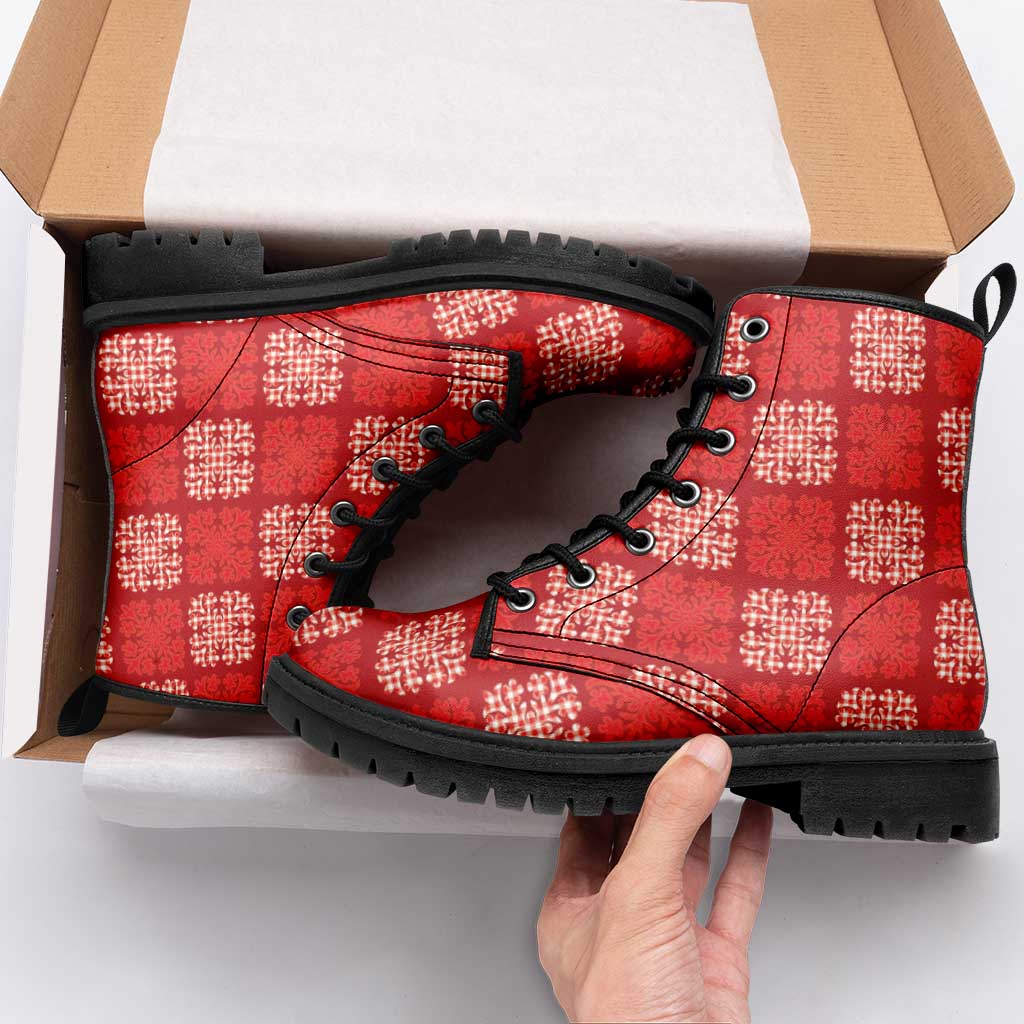 Red Palaka Quilt Hawaii Leather Boots Traditional Hawaii-plaid Pattern - Polynesian Pride