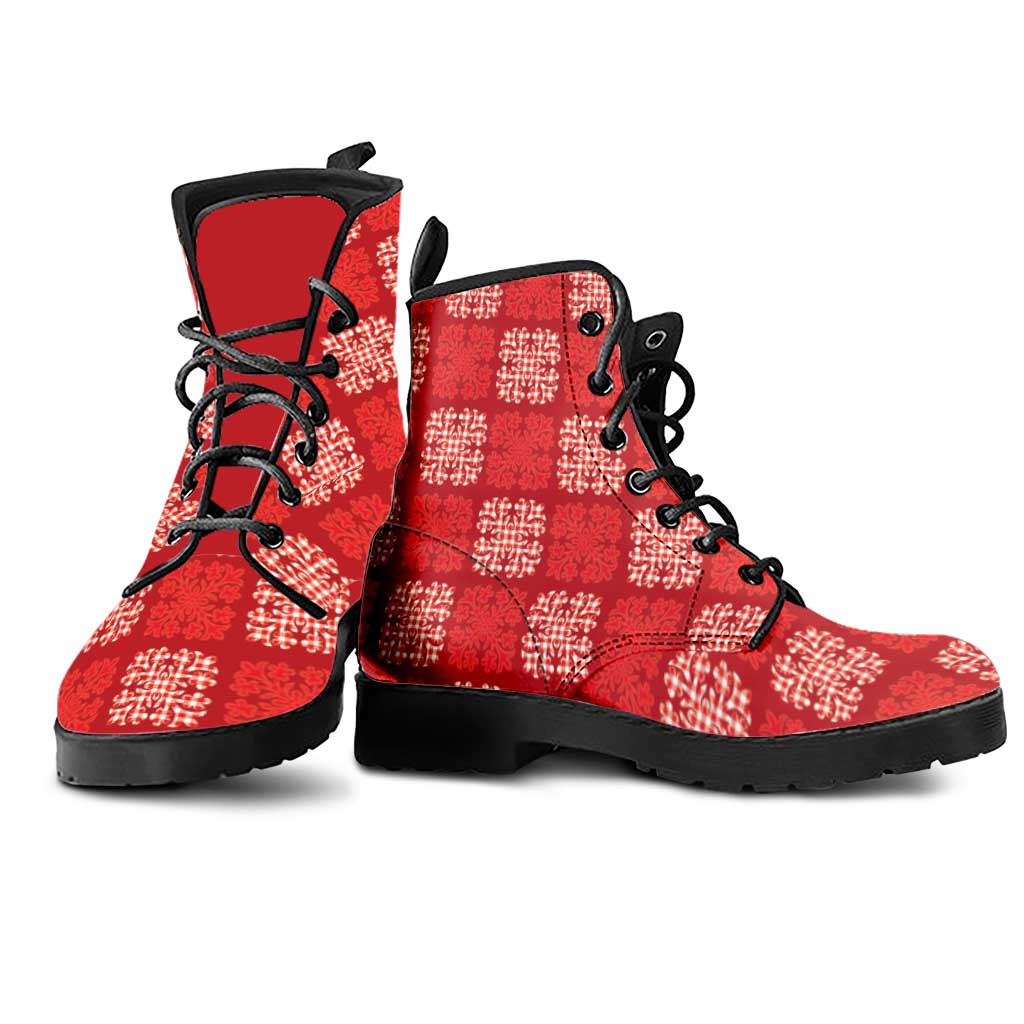 Red Palaka Quilt Hawaii Leather Boots Traditional Hawaii-plaid Pattern - Polynesian Pride
