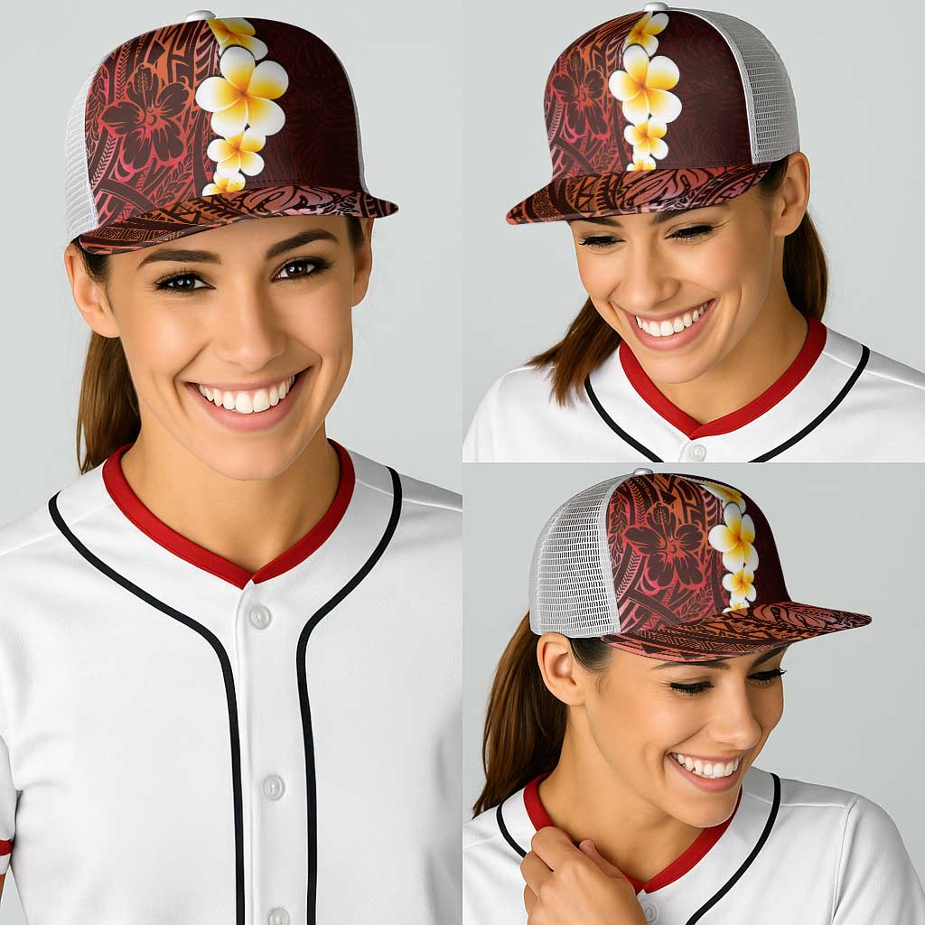 Red Polynesia Baseball Net Cap Plumeria Tropical Leaves With Galaxy Polynesian Art - Polynesian Pride