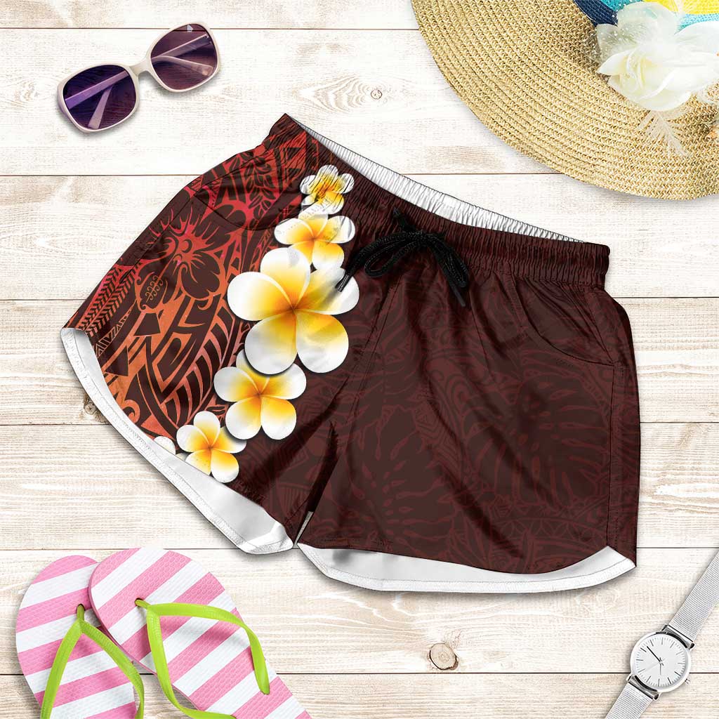 Red Polynesia Shorts for Women Plumeria Tropical Leaves With Galaxy Polynesian Art LT14 Red - Polynesian Pride