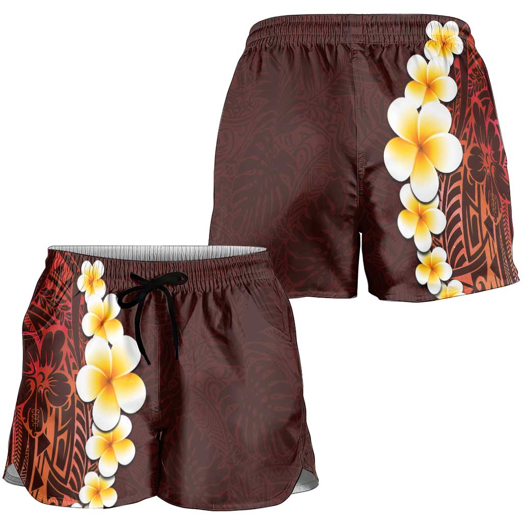 Red Polynesia Shorts for Women Plumeria Tropical Leaves With Galaxy Polynesian Art LT14 - Polynesian Pride