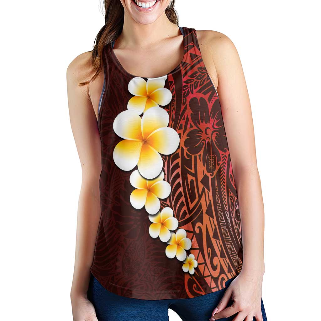 Red Polynesia Women Racerback Tank Plumeria Tropical Leaves With Galaxy Polynesian Art - Polynesian Pride
