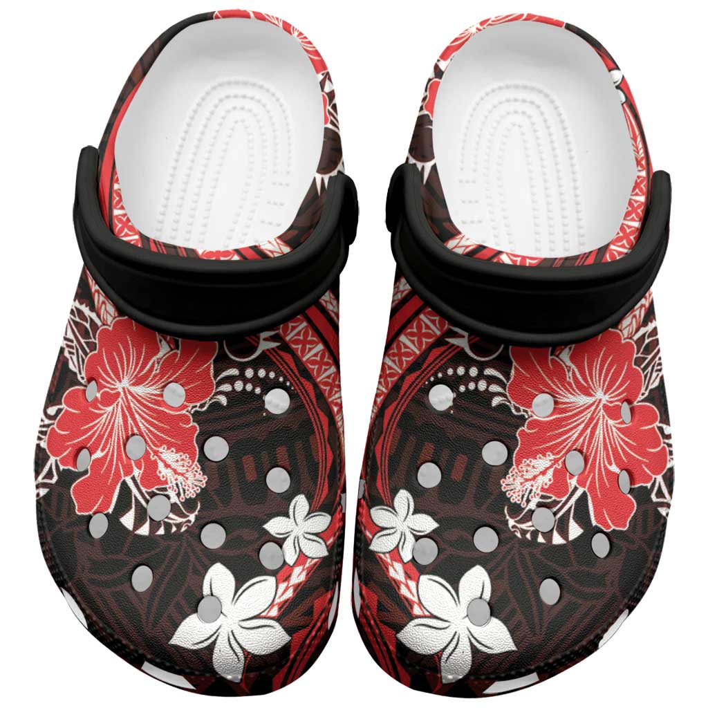 Red Polynesian Pattern With Tropical Flowers Clogs Shoes - Polynesian Pride