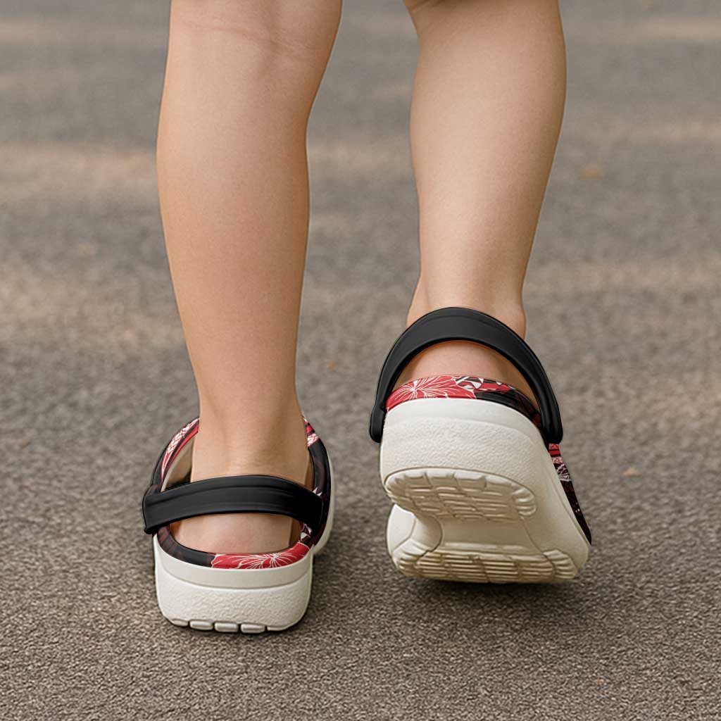 Red Polynesian Pattern With Tropical Flowers Clogs Shoes - Polynesian Pride