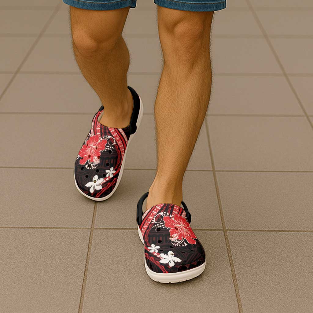 Red Polynesian Pattern With Tropical Flowers Clogs Shoes - Polynesian Pride