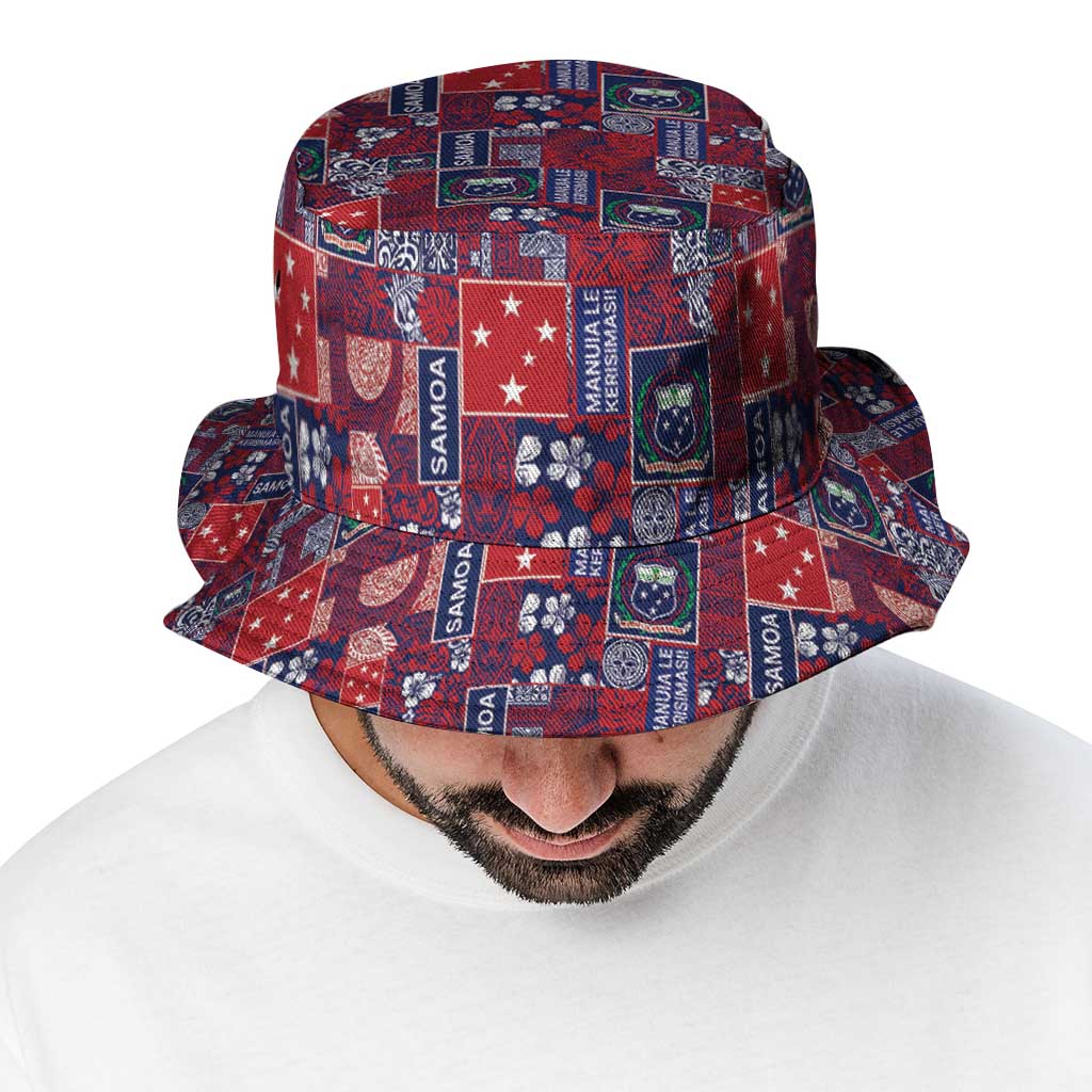 Red Samoa Manuia Le Kerisimasi Bucket Hat Pacific Patchwork Xmas Vibes - Polynesian Pride
