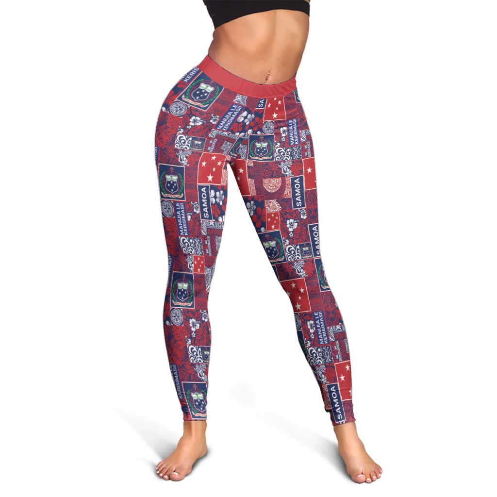 Red Samoa Manuia Le Kerisimasi Leggings Pacific Patchwork Xmas Vibes LT9 - Polynesian Pride