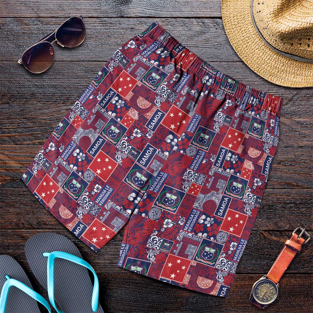 Red Samoa Manuia Le Kerisimasi Shorts for Men Pacific Patchwork Xmas Vibes LT9 Red - Polynesian Pride