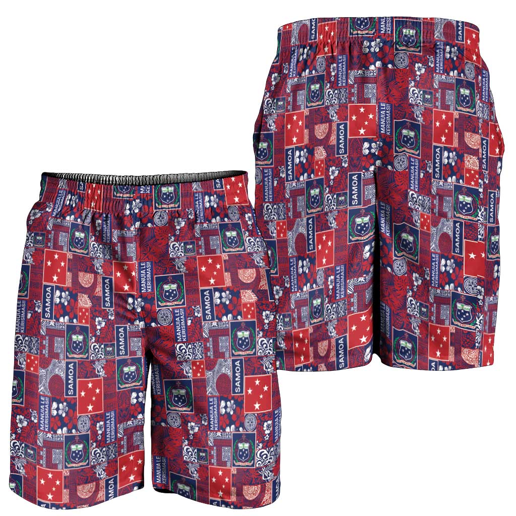 Red Samoa Manuia Le Kerisimasi Shorts for Men Pacific Patchwork Xmas Vibes LT9 - Polynesian Pride