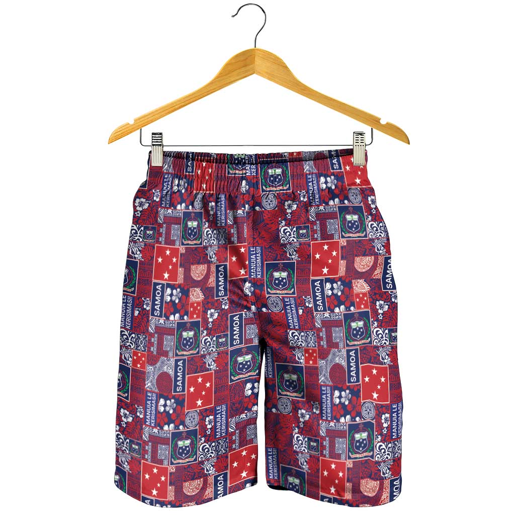 Red Samoa Manuia Le Kerisimasi Shorts for Men Pacific Patchwork Xmas Vibes LT9 - Polynesian Pride