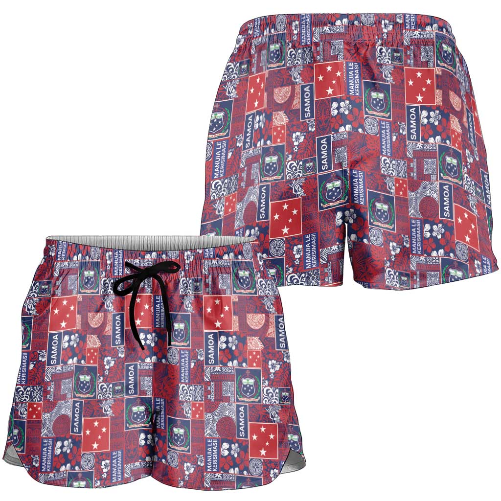 Red Samoa Manuia Le Kerisimasi Shorts for Women Pacific Patchwork Xmas Vibes LT9 - Polynesian Pride