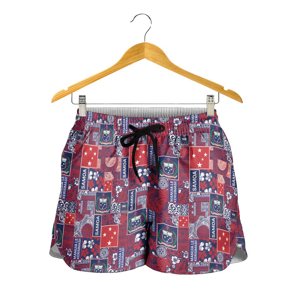 Red Samoa Manuia Le Kerisimasi Shorts for Women Pacific Patchwork Xmas Vibes LT9 - Polynesian Pride