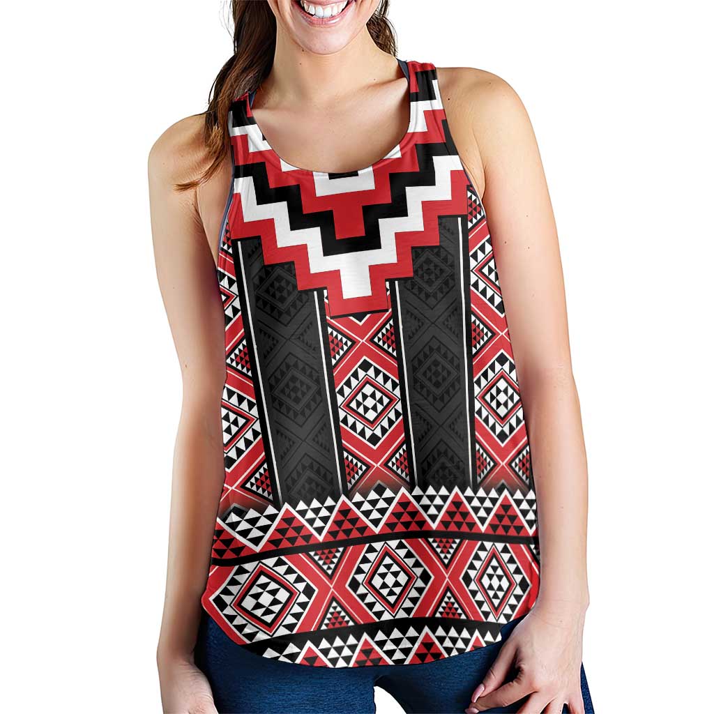 Red Taniko Aotearoa Women Racerback Tank Niho Taniwha Mix Poutama LT14