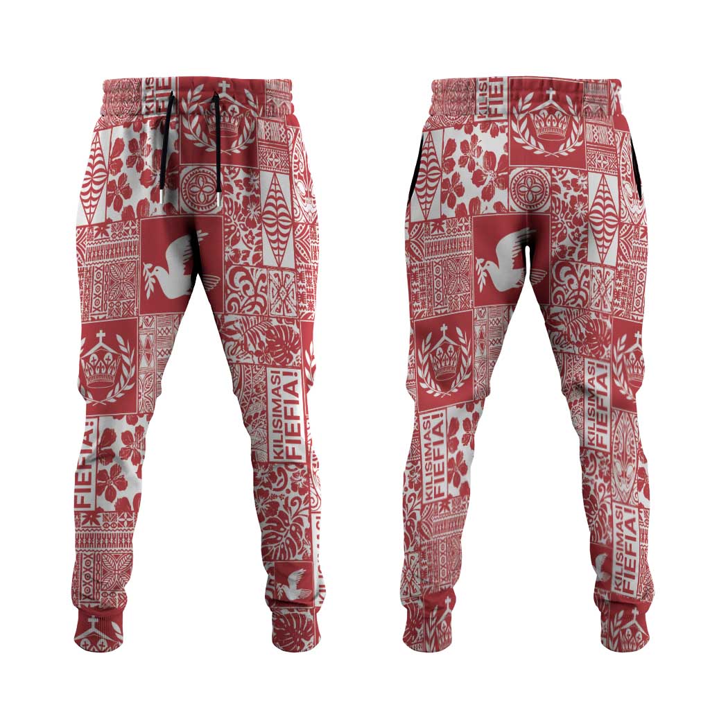 Red Tonga Kilisimasi Fiefia Jogger Pants Pacific Patchwork Xmas Vibes - Polynesian Pride