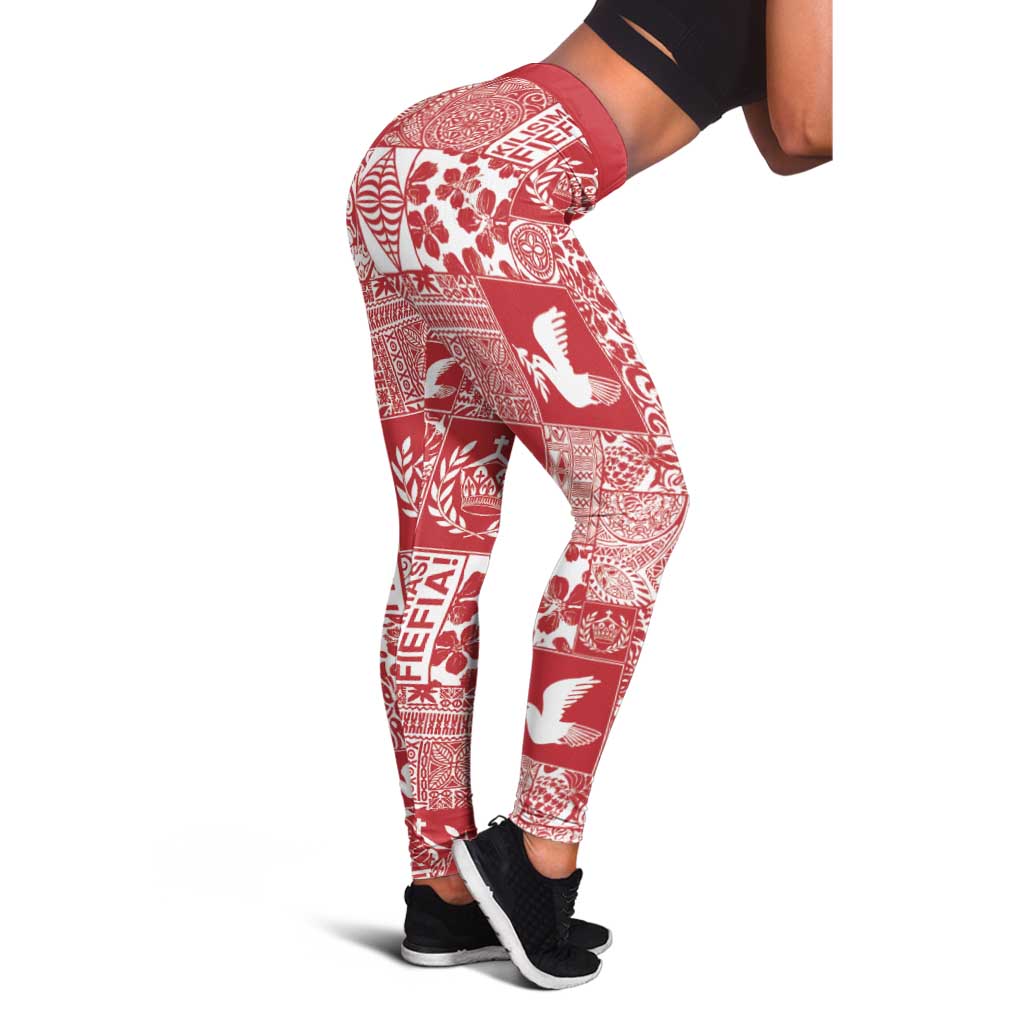 Red Tonga Kilisimasi Fiefia Leggings Pacific Patchwork Xmas Vibes - Polynesian Pride