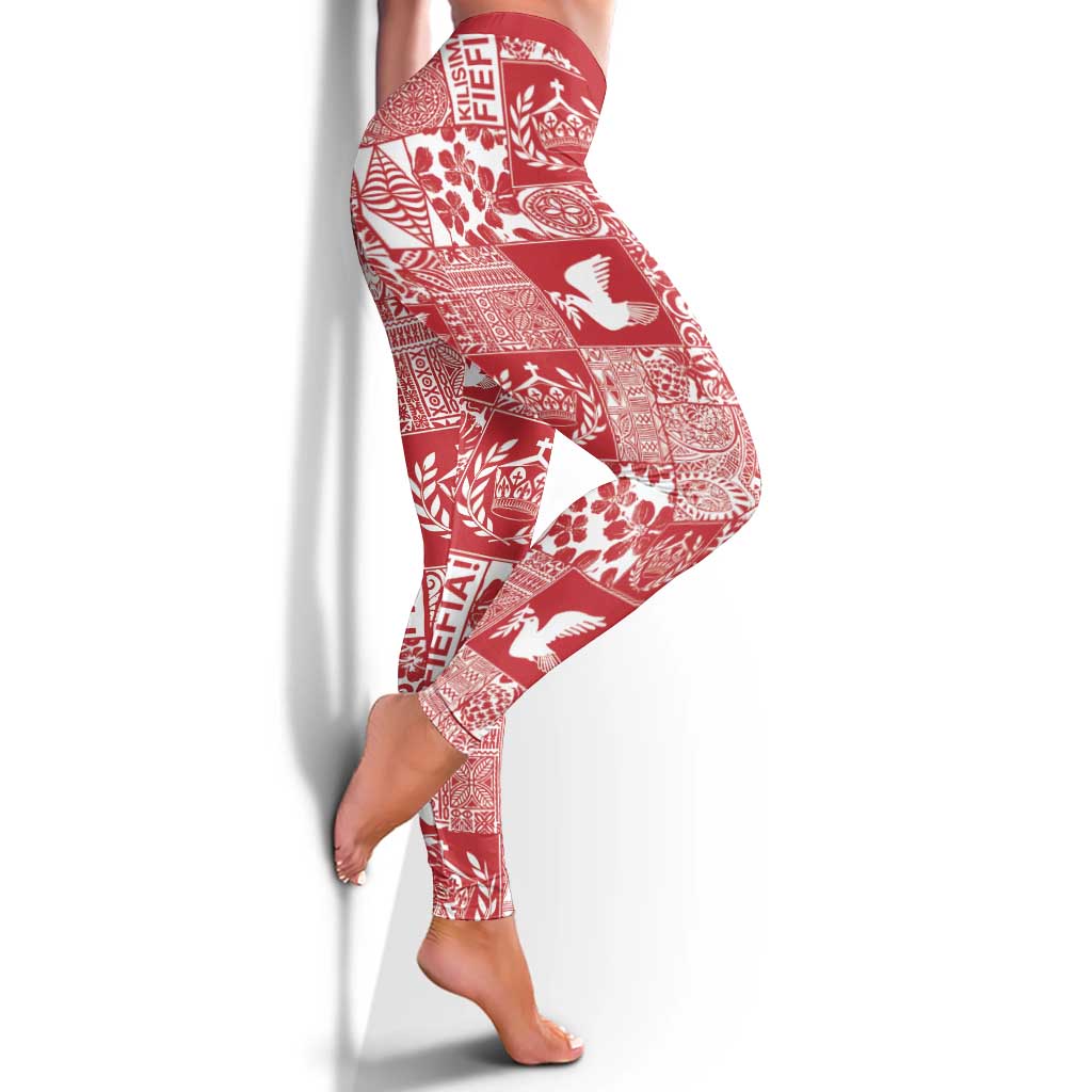 Red Tonga Kilisimasi Fiefia Leggings Pacific Patchwork Xmas Vibes - Polynesian Pride
