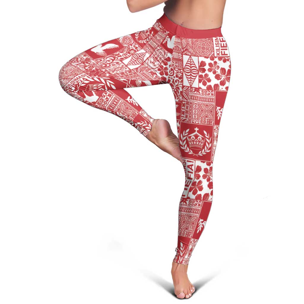 Red Tonga Kilisimasi Fiefia Leggings Pacific Patchwork Xmas Vibes - Polynesian Pride