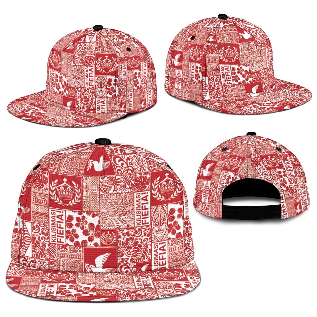 Red Tonga Kilisimasi Fiefia Snapback Cap Pacific Patchwork Xmas Vibes - Polynesian Pride