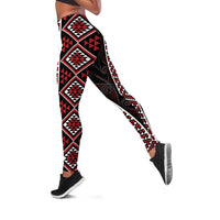 Red Tukutuku Pattern Aotearoa Leggings Niho Taniwha and Puhoro Motifs LT7