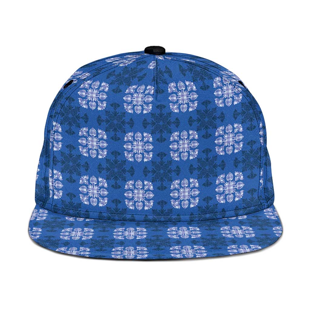 Royal Blue Hawaiian Quilt Snapback Cap Hawaii Pineapple Monstera Palaka Motifs - Polynesian Pride