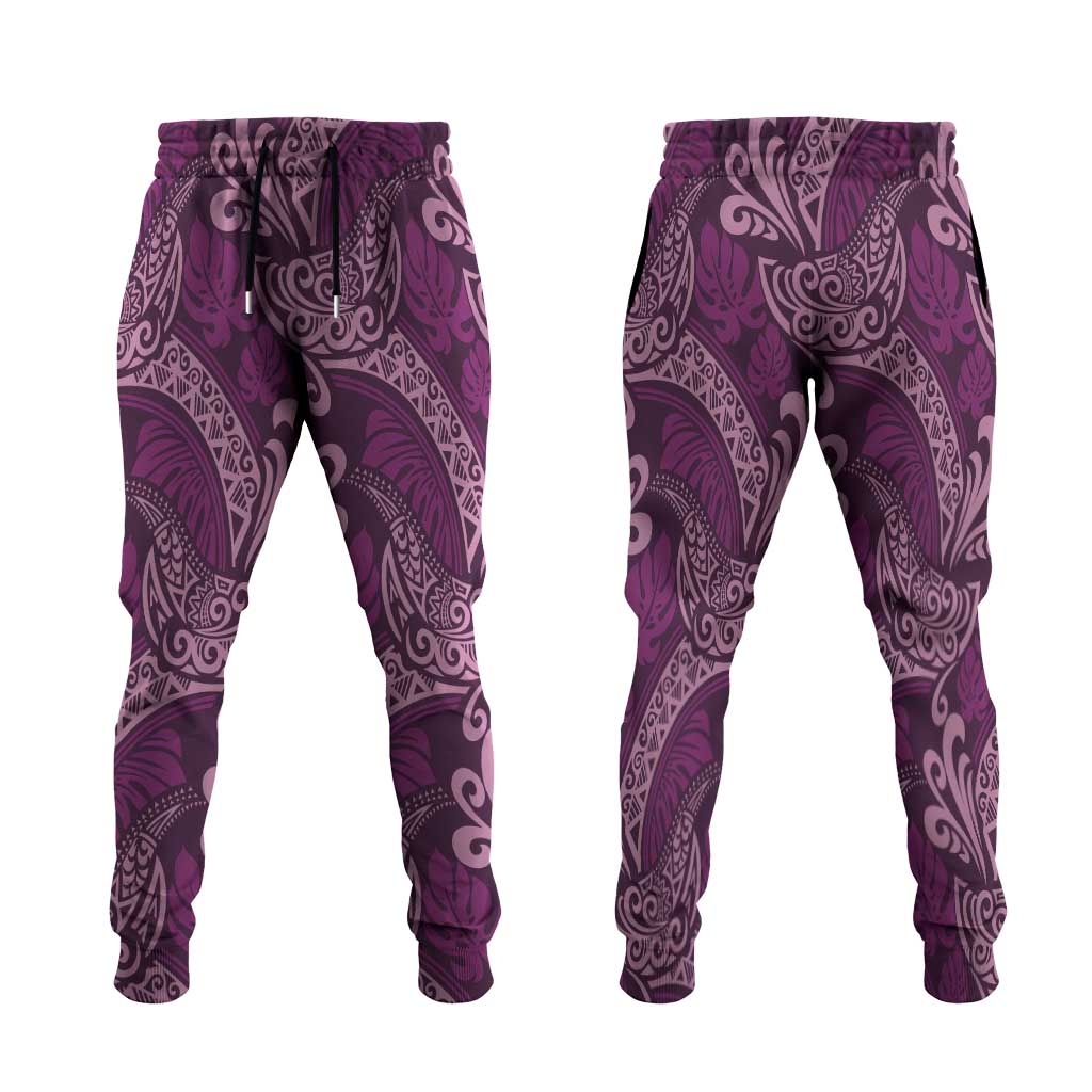 Royal Purple Monstera Jogger Pants Polynesian Tribal Pattern - Polynesian Pride