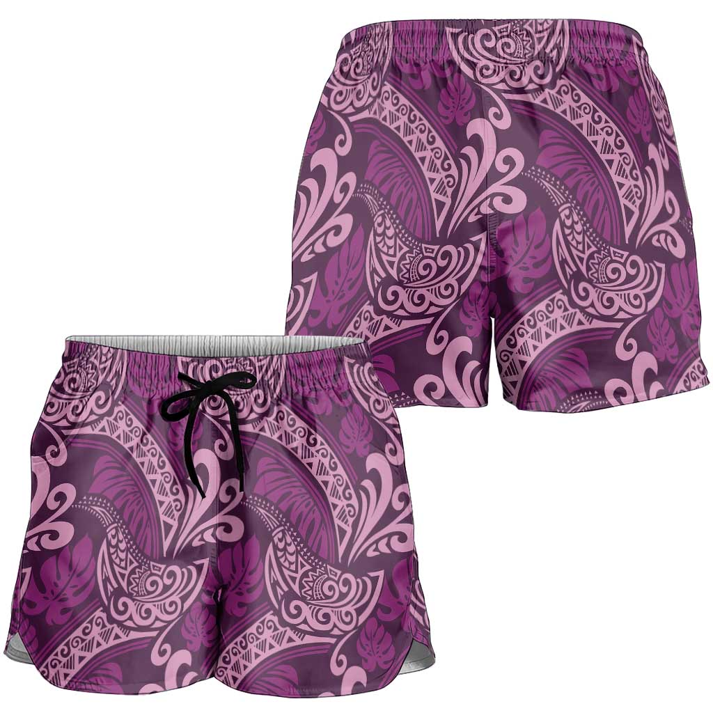 Royal Purple Monstera Shorts for Women Polynesian Tribal Pattern LT01 - Polynesian Pride