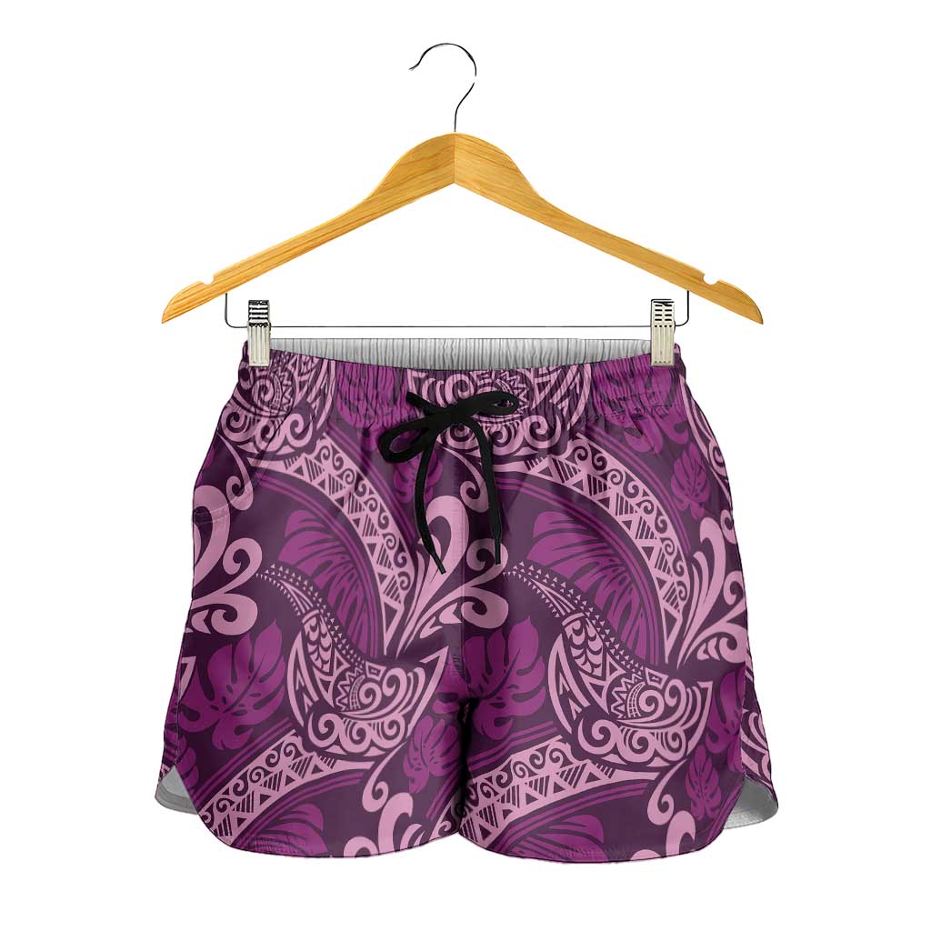 Royal Purple Monstera Shorts for Women Polynesian Tribal Pattern LT01 - Polynesian Pride